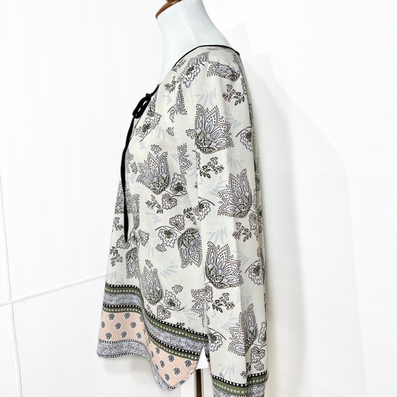 Sanctuary Floral Motif Print Pastel Cream Black Mixed Media Tie Neck Tunic Top S - Picture 3 of 9